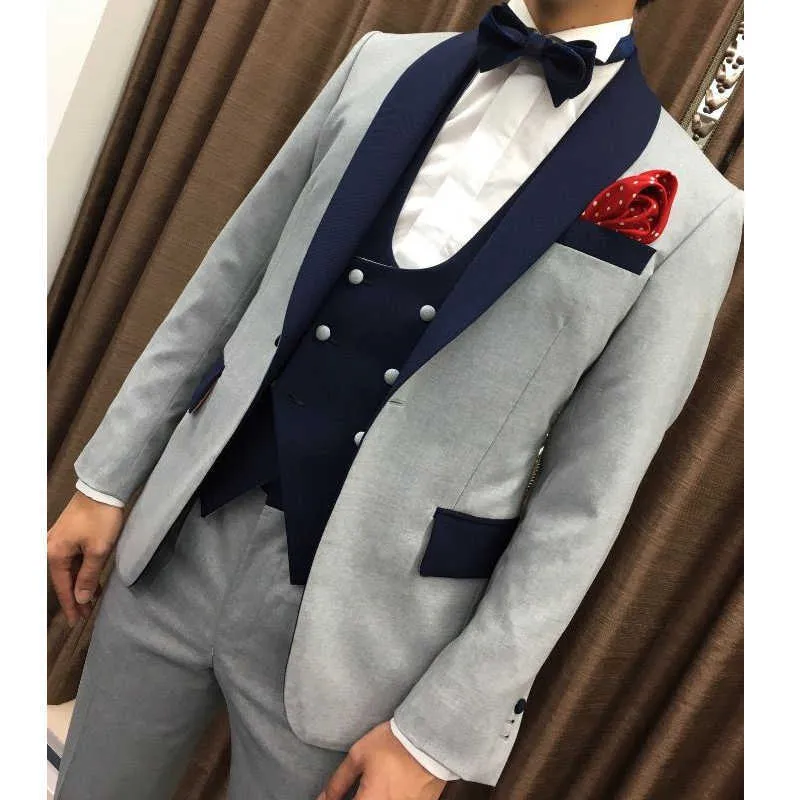 Gray Wedding Groom Tuxedo with Navy Shawl Lapel 3 piece Prom Men Suits Double Breasted Waistcoat Jacket with Pants Man Fashion X0909