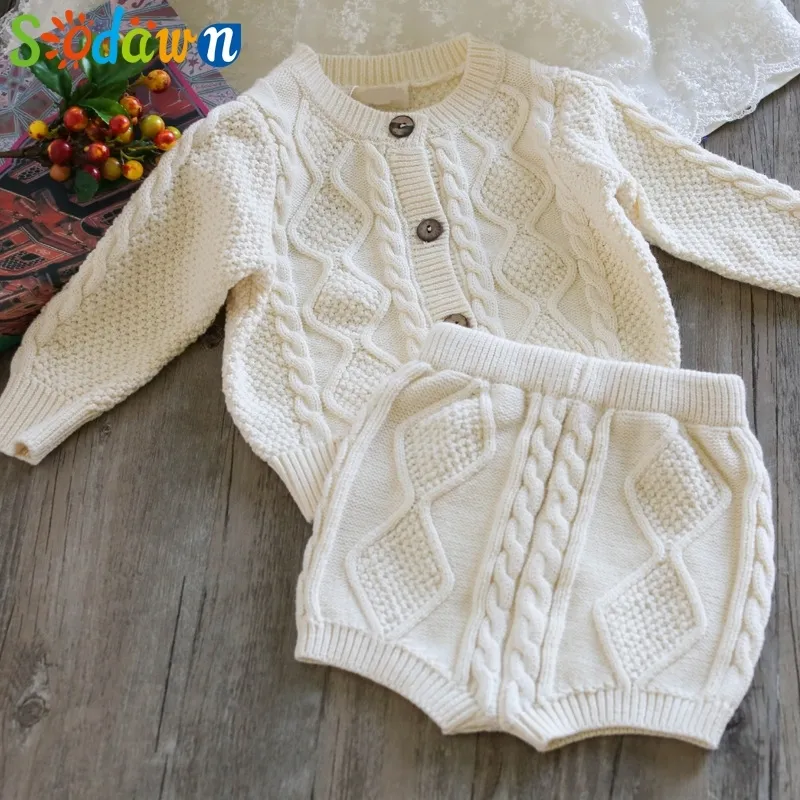 Sodawn automne hiver nouveaux vêtements pour enfants garçons filles bébé pull en tricot Cardigan + Shorts costume bébé vêtements costume 210226