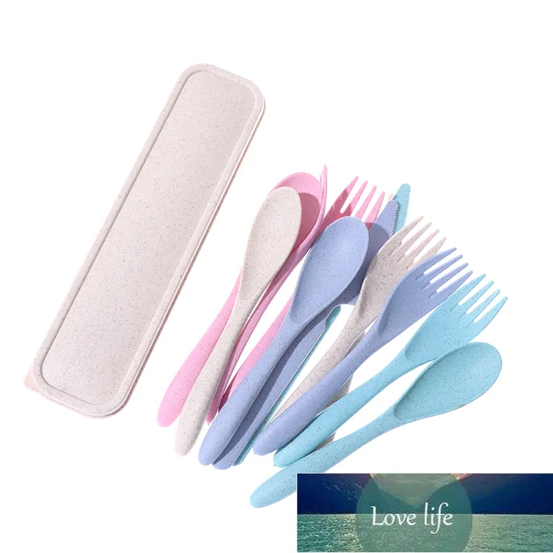 Portable 3pcs / set Travel Bestick Bestick Box Japan Stil Vete Straw Kniv Gaffel Sked Student Dinnerware Sätter Kök Bordsväska Fabrikspris Expert Design Kvalitet