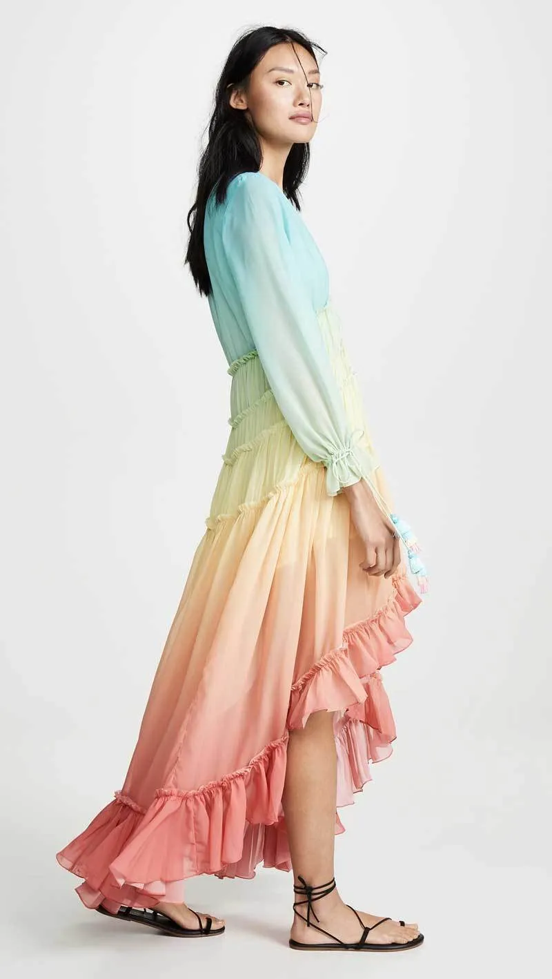 Rainbow High Low Dress: Tiered Ruffle Trim, V-Neck - Long