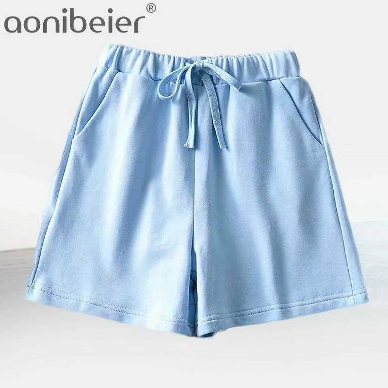 Sommar solid 100% bomull Shorts Drawstring Lösa fickor Hög midja Casual Streetwear Spring 210604