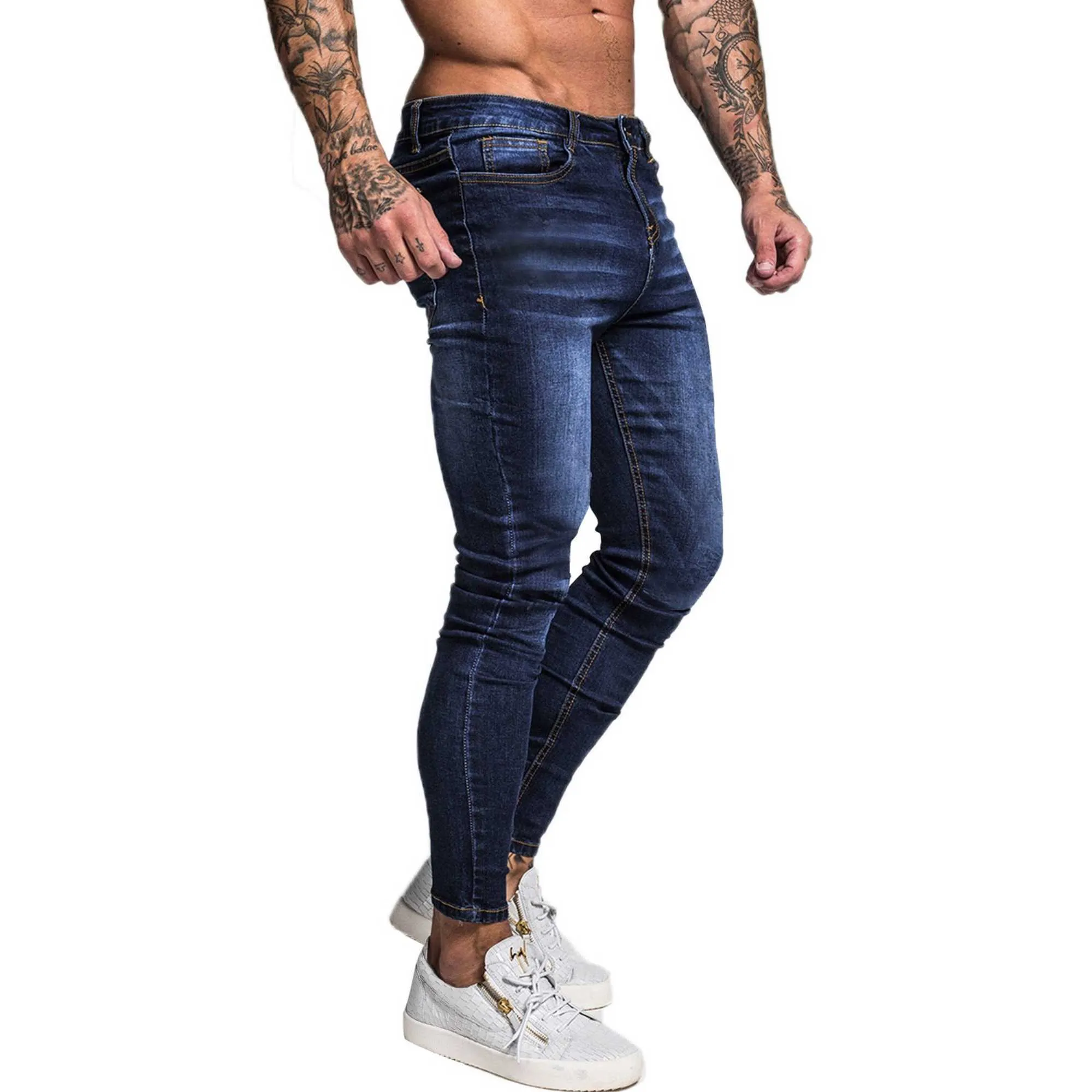 Gingtto Blue Brand Jeans Mounts Slim Fit Super Skinny Jeans для мужчин Хип-хоп улица улица ножка тощая нога мода стрейч брюки ZM121 210622