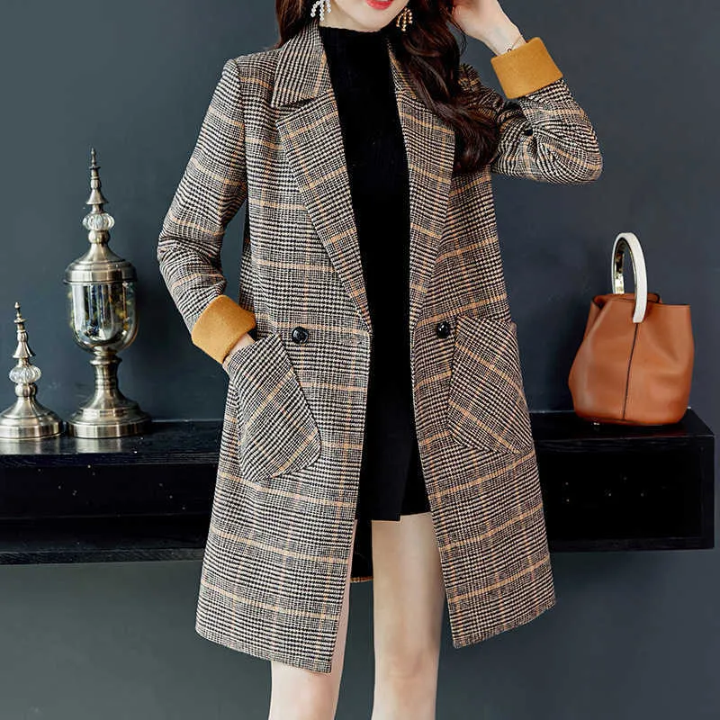 女性のカジュアルなロングブレザー秋と冬のファッションチェックスリーブレディースジャケットエレガントなコート高品質210527