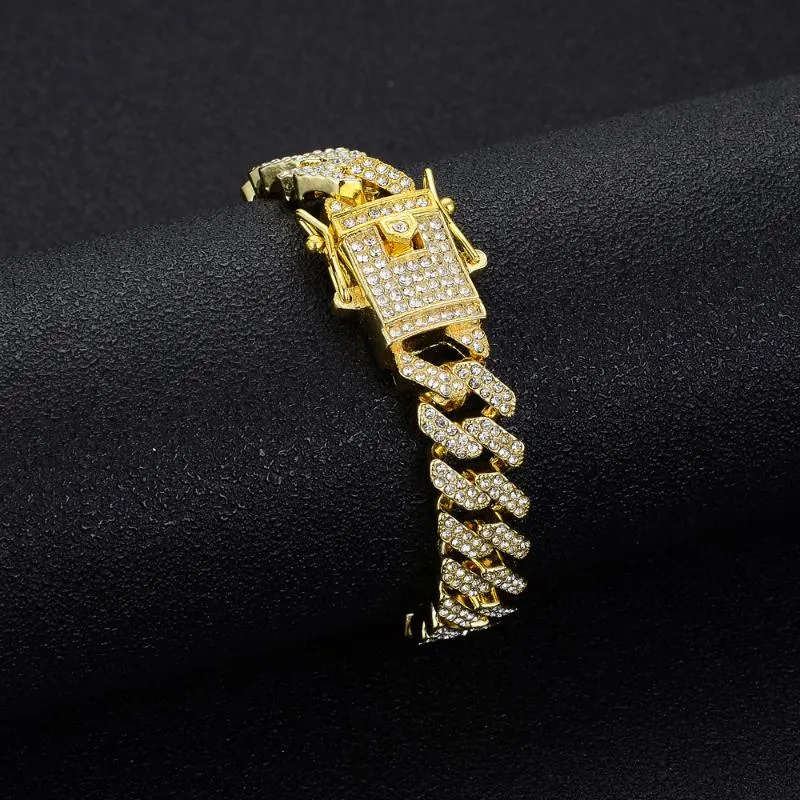 Link, Chain 12mm gelado Miami Link cubano tornozeleira pulseira de ouro cor de prata rhinestone CZ lagosta fecho para homens mulheres hip hop jóias