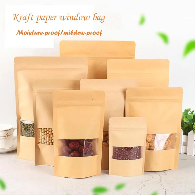 Voeding vochtbestendige tassen Kraftpapier met aluminiumfolie voering stand-up pouch klep verpakking afdichtingszak voor snack snoep koekjes bakken