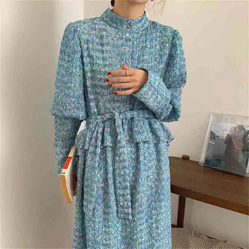 Vintage klänning för kvinna tryckt stativ hals hög midja es vestido regnbåge ruffles elegant blå kvinnlig 210603