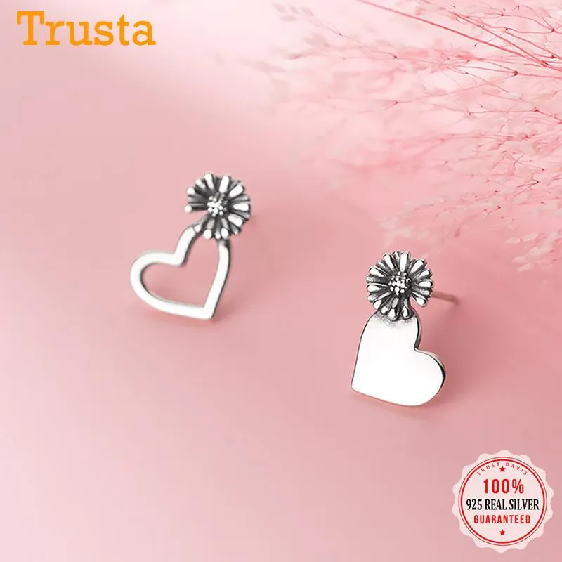 Stud Trustdavis S925 Sterling Silver Fashion Sweet Asymmetric Heart FlowerStud Earring For Women Wedding Party F￶delsedag Present DS921