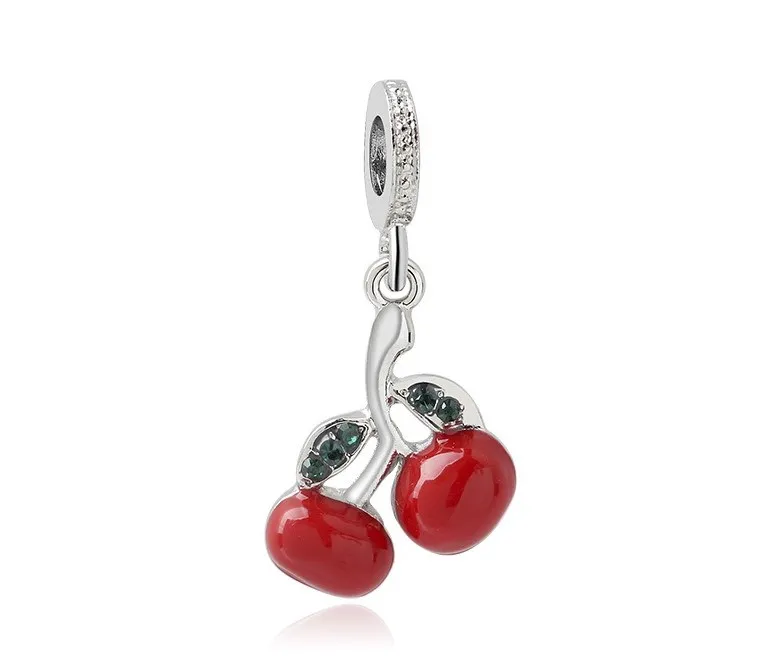 Fit Pandora Charm Bransoletka Europejski Silver Charms Koraliki Cherry Emalia Wisiorek DIY Wąż Łańcuch Dla Kobiet Bangle Naszyjnik Biżuteria