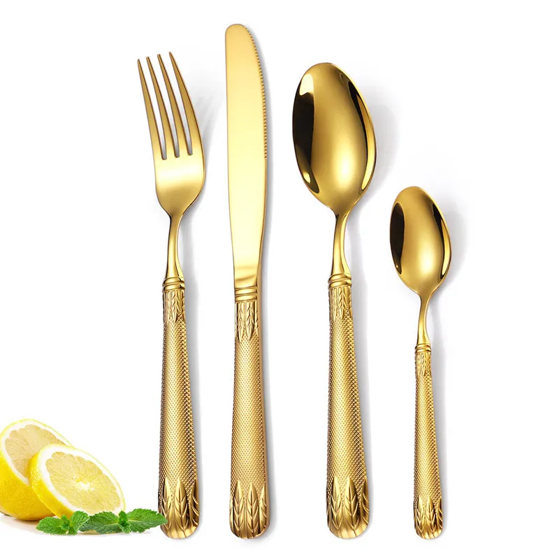 4pcs / set retro vintage relief 304 rostfritt stål porslin set knivar gafflar tesked gyllene silver lyxig dinnerware bestick set lx4508