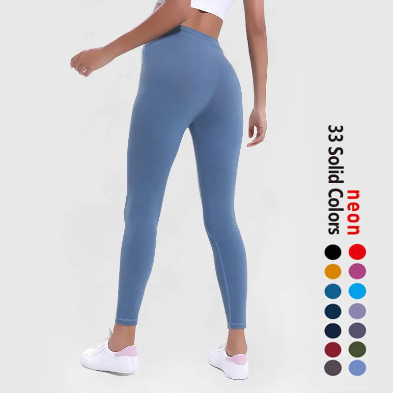 LU-32 Solid Color Women Yoga Pants High midje Sport Gym Wear Leggings Elastic Fitness Lady övergripande full tights Träningsstorlek XS-XL
