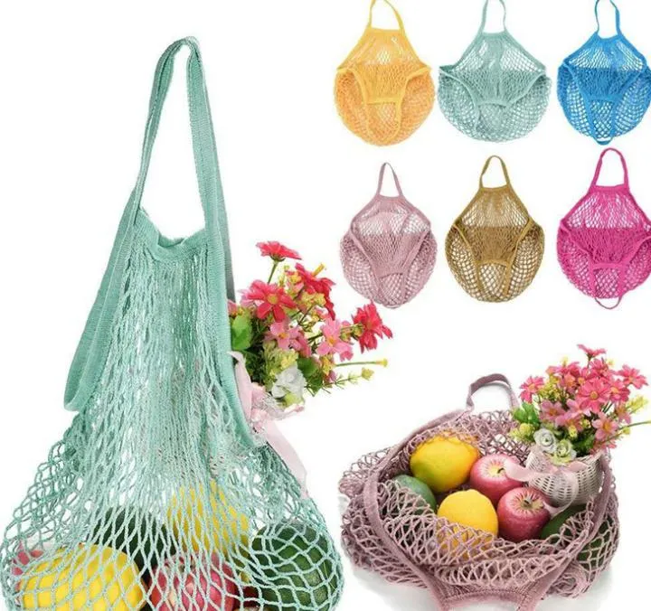 2021 Reusable String Shopping Fruit Vegetables Grocery Bag Shopper Tote Mesh Net Woven Cotton Shoulder Bag Hand Totes Home Storage