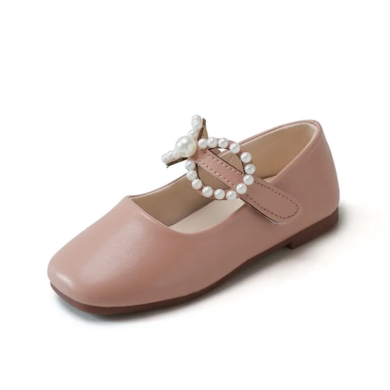 Весна Новые девушки кожаные туфли мода жемчужный лук ребёнок обувь плоский каблук сплошной цвет детские платье обувь размер 26-35 SMG161 210306