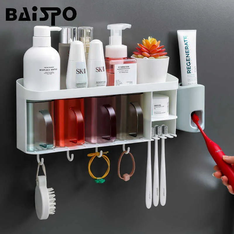 BAISPO Gecombineerde tandenborstelhouder Automatische wandmontage tandpasta Organizer Multifunctionele badkamer Accessoires Opbergrek 210709