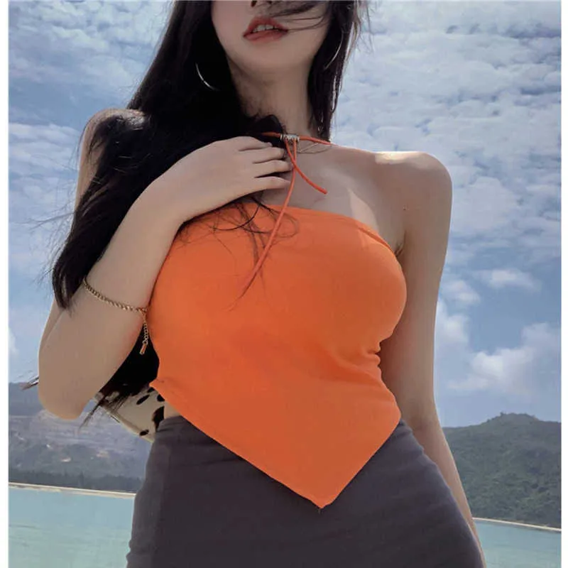 Womengaga Sexy Filles Asiatiques Orange Irrégulière Tops Summer Beach Holiday Tank Corset Y2K Vêtements Top Vest Femmes coréennes Slim QM8 210603