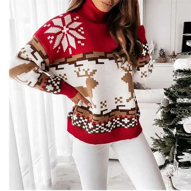 Christmas Turtleneck Elk Printed Knit Women Sweater Winter Fashion Warm Loose Pullover Lady Elegant All-match s 211011