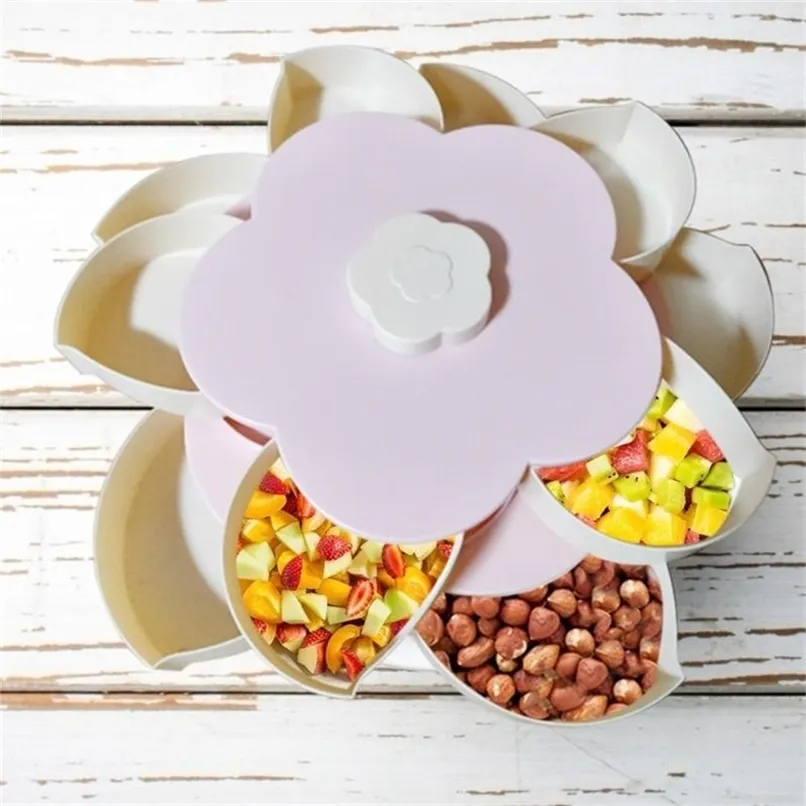 Creative Flower Petal Fruit Plate Candy Opbergdoos 5 Roosters Nuts Snack Lade Roterende Bloemen Voedsel Gift BBCX30653 210922