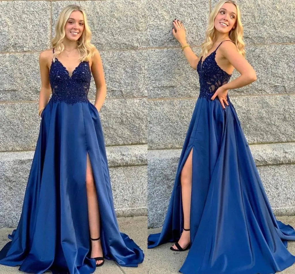 Royal Blue Lace Applique Prom Dresses Spaghetti Strap Evening