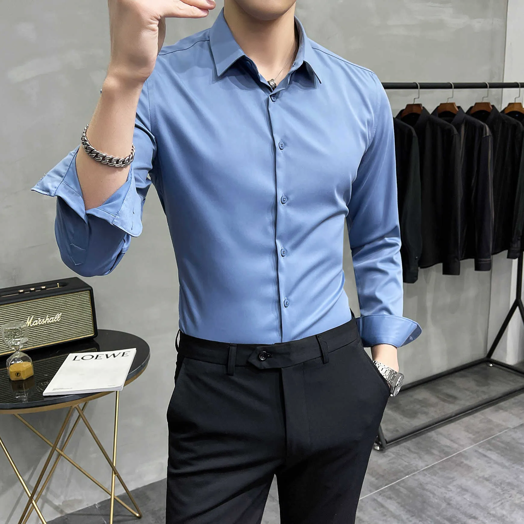 Solid Colors Shirts for Men Formal Business Dress Office Work Wedding Shirts Long Sleeve Casual Social Blouse Chemise Homme 210527