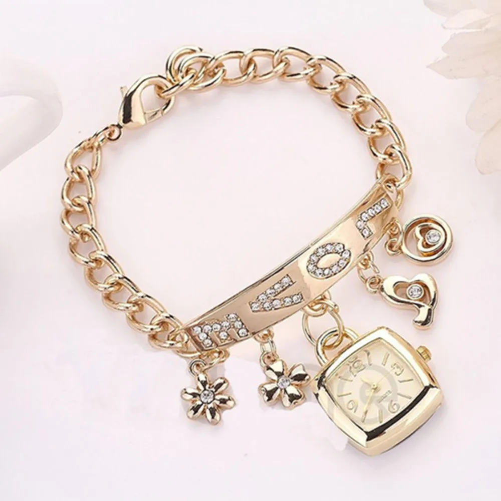 montre femmes femmes lettres d'amour strass incrusté chaîne Bracelet fleur pendentif montre-Bracelet reloj mujer dames robe montres cadeau