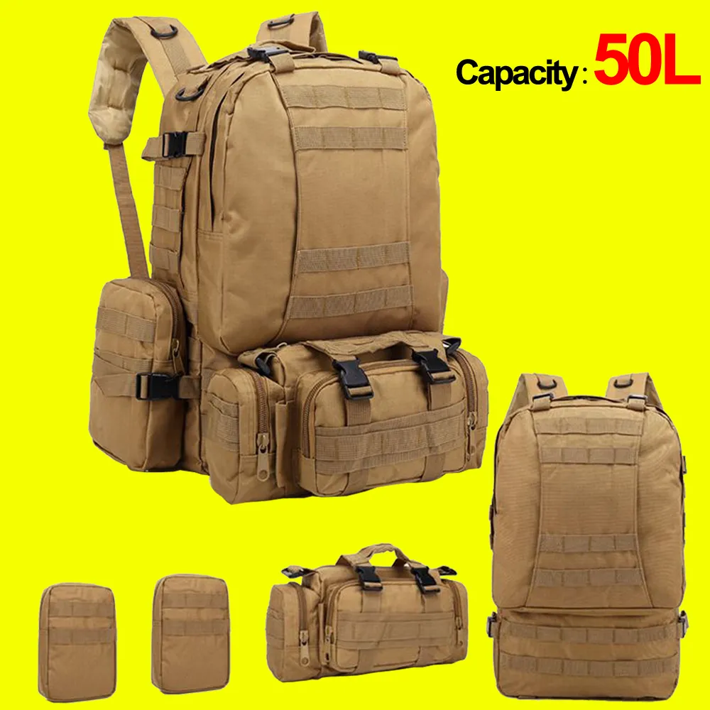 Tactical Backpack 50L,Men's,4 in 1Molle Sport Bag,Outdoor Climbing Hiking Army Camping Bags