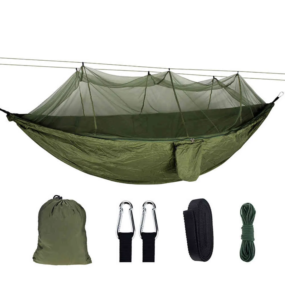 Portable Outdoor Camping Namiot Hamak z Moskitiery Net 2 Osoba Zadasztowa Spadochron Wiszący Łóżeczko Polowanie 210T Nylon Sleeping Huśtawka