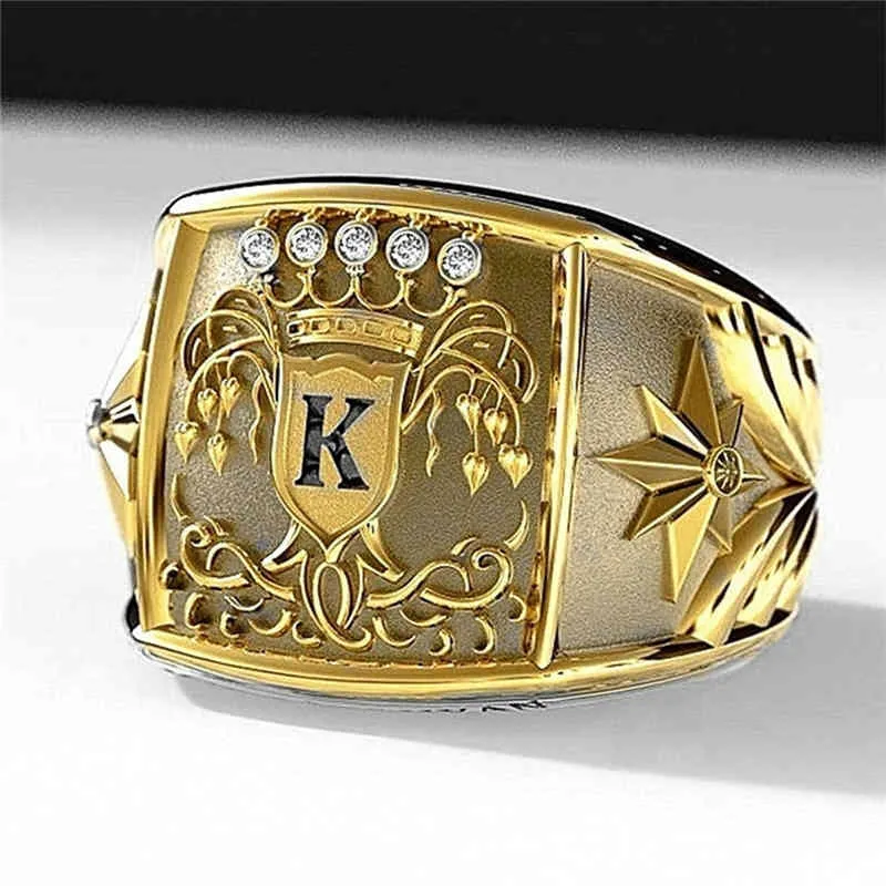 Gold Letter K Men s Ring Trophy Pattern CZ Wedding Band Fashion Jewelry for Husband Birthday Gift Tin Alloy