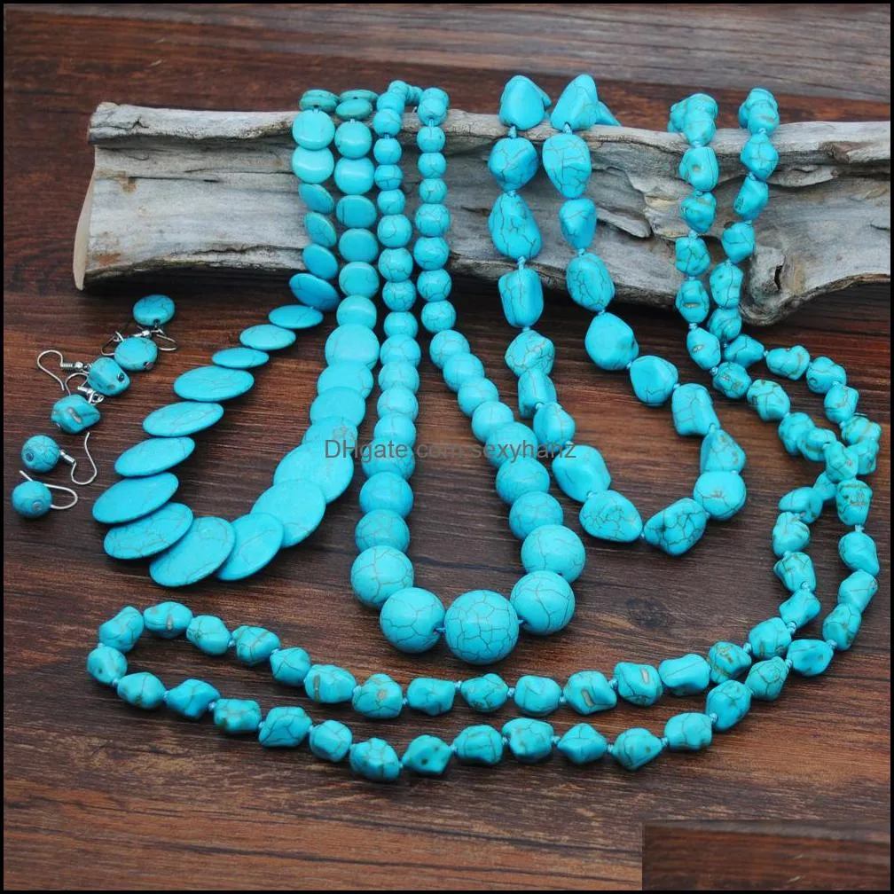 Exaggerated Retro Bohemian Turquoise Necklace Earring Set Ornaments Clothing Accessories