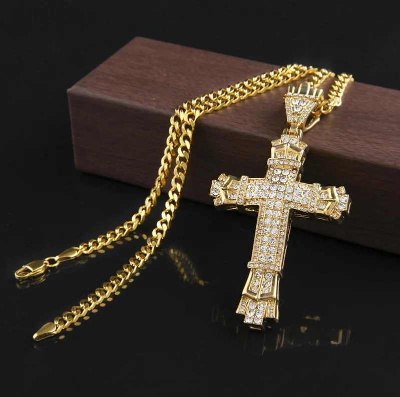 Vintage Cross Pendant Necklace Mens Gold Cuban Link Chain Necklace Iced Out Pendant Hip Hop Jewelry