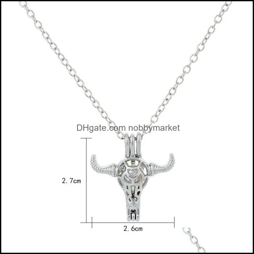 Fashion Luminous Bull head Pendant necklaces For women Glow In The Dark stone cage Open Lockets silver chains Jewelry in Bulk