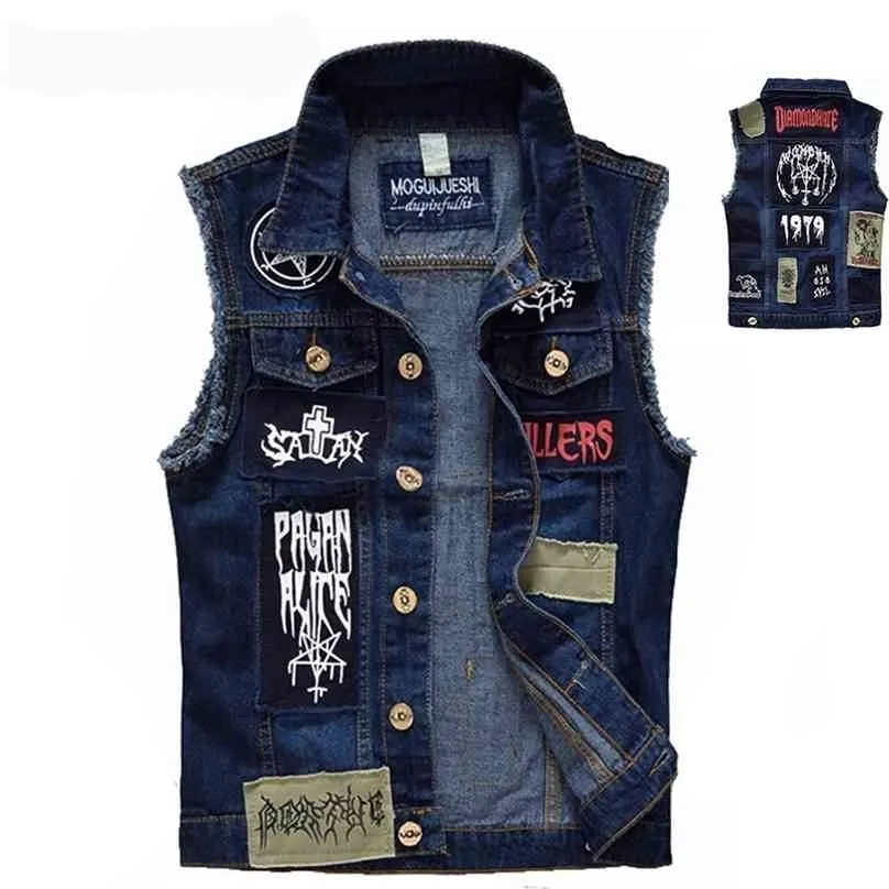 Klassieke vintage mannen jeans vest mouwloze jassen mode patch ontwerpen punk rock stijl gescheurde cowboy rafelige denim tanks 210925