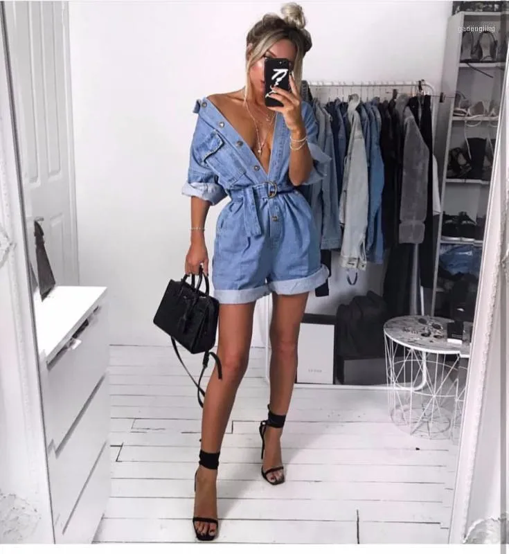 Kvinnor avslappnad sommar denim romper hög midja jeans övergripande bf breda ben jumpers lapel ficka shorts jumpsuit playsuit bodysuits1