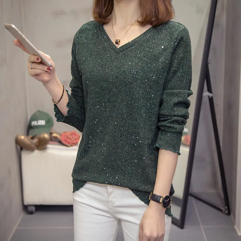 Plus size de malha camisetas mulheres primavera outono moda coreano brilhante luva longa tshirt tamanho básico de tamanho grande t-shirts 210302
