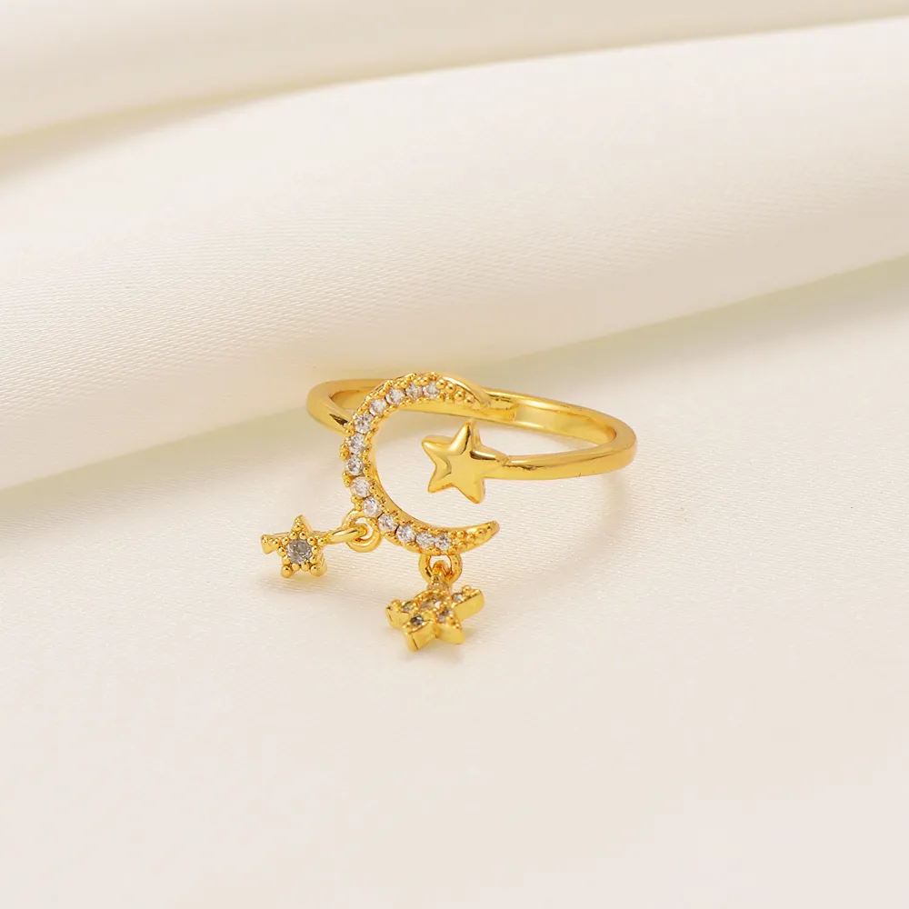 Crescent Moon Star Ring Yellow 18k Fine Solid Gold Fylld Band Ny Celestial Night Sky Vintage Triple Goddess Pentacle CZ