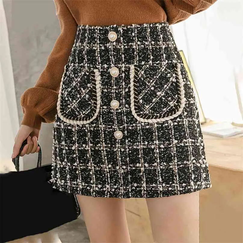 Tweed Rokken Dames Herfst Winter Pearl Button Mini Potlood Plaid Wool Korean Hoge Taille Elegante Dames Rok 210629