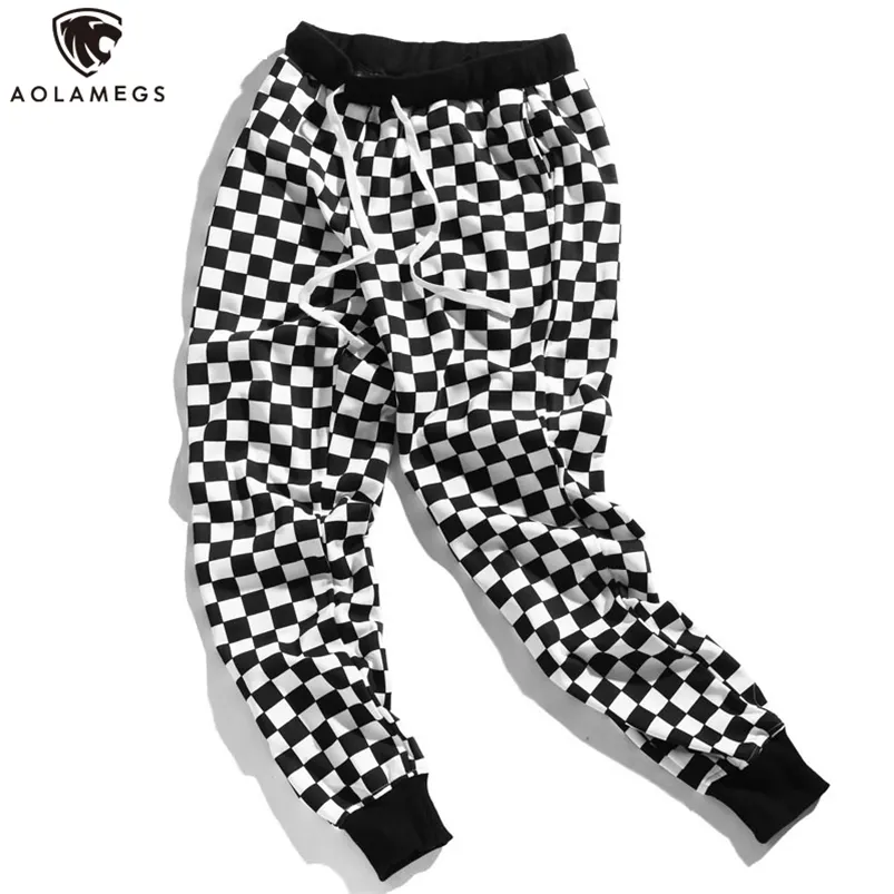 Aolamegs byxor män plaid checkerboard fleece tjocka byxor mens taktiska elastiska midja mode joggers sweatpants 210715