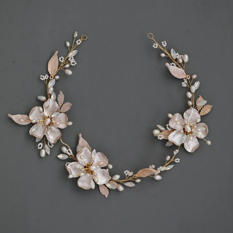 スリブラダルハンドメイドラインストーンオパールクリスタル淡水真珠合金の花の結婚式のヘッドバンドブライダルブライドメイド女性の髪の宝石類