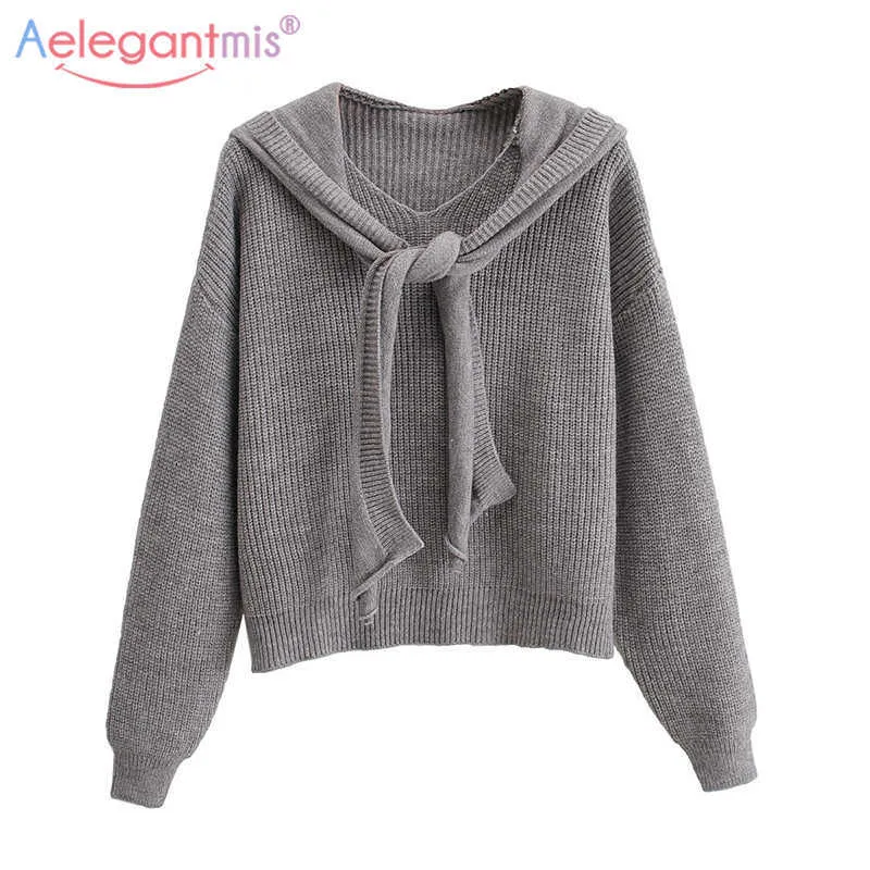 Aelegantmis Vintage Mit Kapuze Gestrickte Rippen Pullover Frauen Spitze Gemütliche Übergroße Pullover Casual Lose Jumper Koreanische Chic Freund 210607