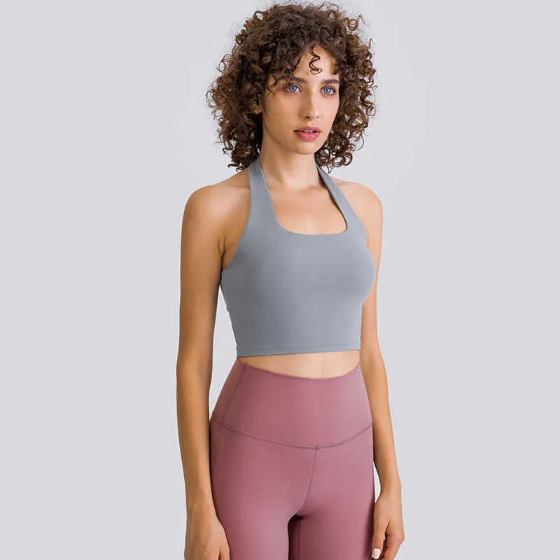 Sexy Lu Lus Hanging Neck Strapless and Beautiful Back Underwear Women's Fashion Chic Wrinkled Sports Bra Running Fitness Gym Tank Tops