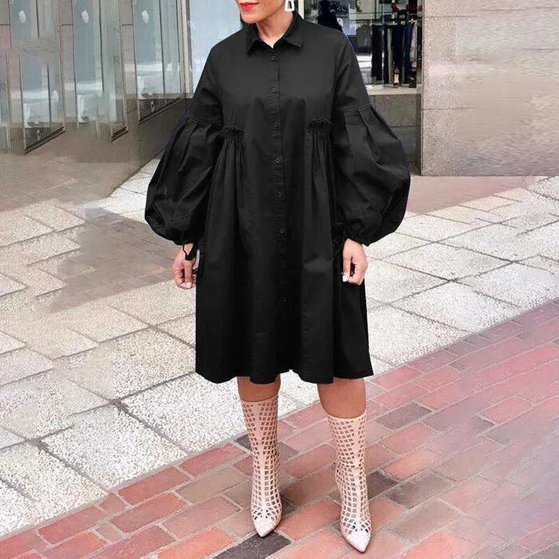 Vonda Kvinnor Klänning 2021 Höst Slå ner Neck Long Lantern Sleeve Klänningar Bohemain Vestidos Knä-längd Sundress Y0823