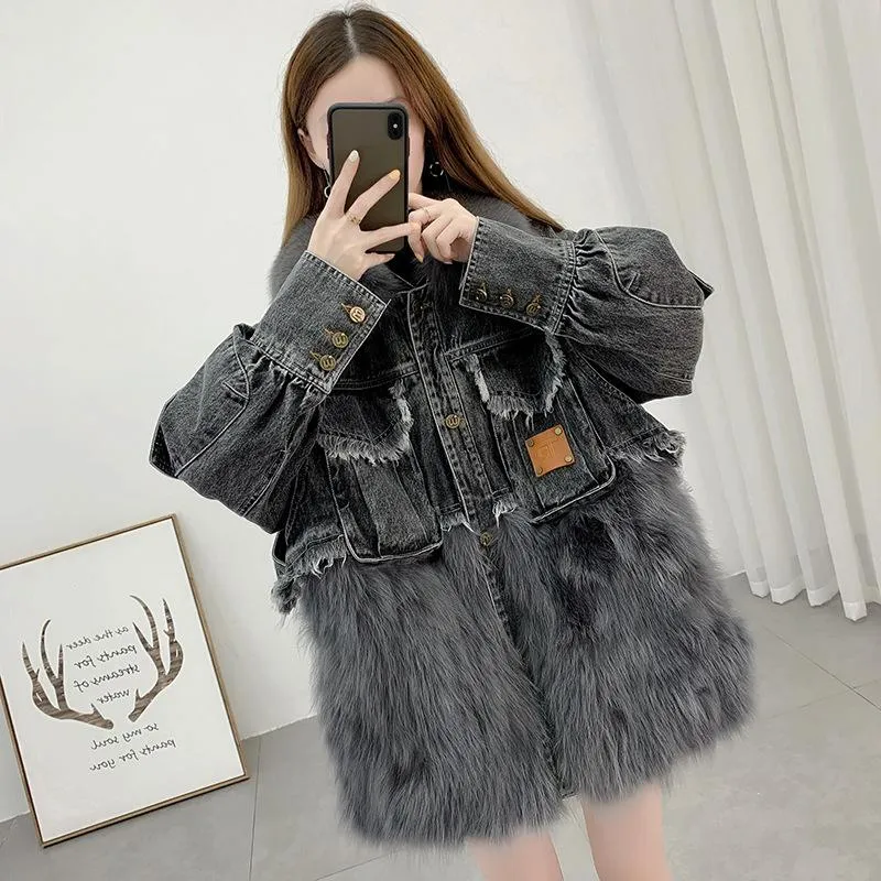 Women's Fur & Faux Denim Jacket With Collar Winter Women Parka Real Patchwork Raccoon Dog Coats Coat Natural Female
