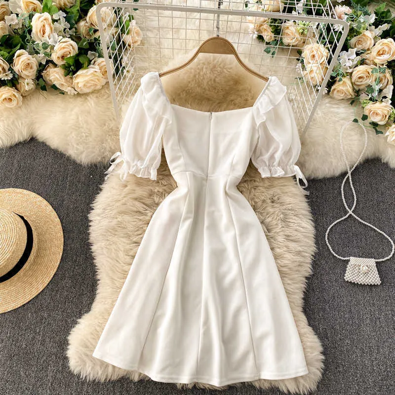 Korean Fashion Women's Short Sleeve V-Neck Mini Black Dress with Sleeves with Lace-Up Bandage and Ruffles - White/Black, Slim Fit for Parties (210603)