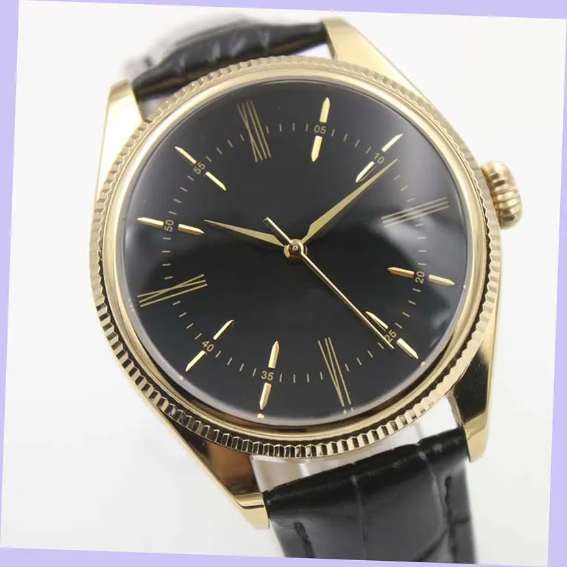Dual Time Cellini Yellow Gold Case Leather Mens Watch Watch Leather Strap Automatic Mechaincal Black Dial Men Watches Male Wristwatches