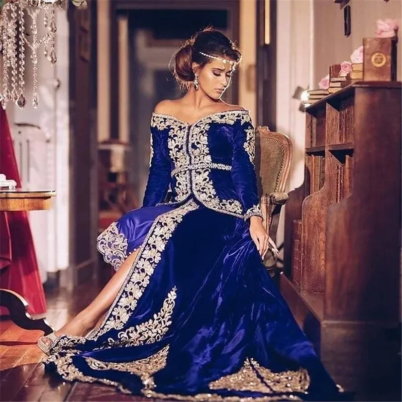 Royal Blue Velvet Prom Formalne Suknie Z Długim Rękawem Koronki Aplikacja Karakou Algieria Caftan Alavbic Evening Suknia Nosić szaty