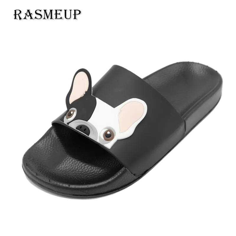 Rasmeup Leather Women Women's Slippers Summer Women Open Tee Beach Slippers Bulldog Seaside Shoes Indoor Home Home Woman Woman