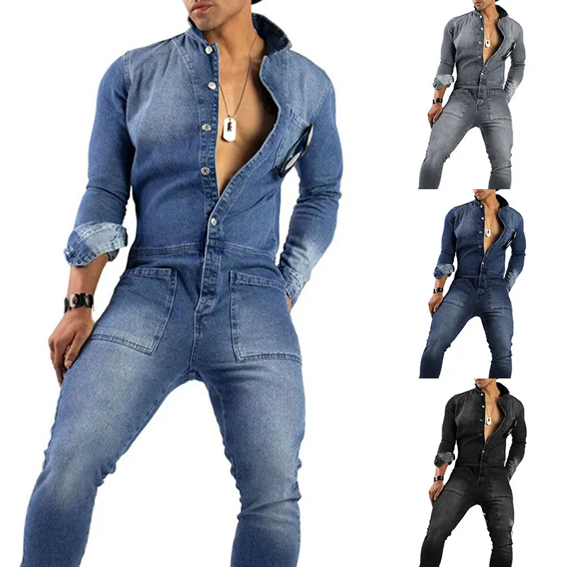 Mode hommes Denim salopette Style Punk poches pantalon lâche couleur unie à manches longues barboteuses hommes combinaison Streetwear