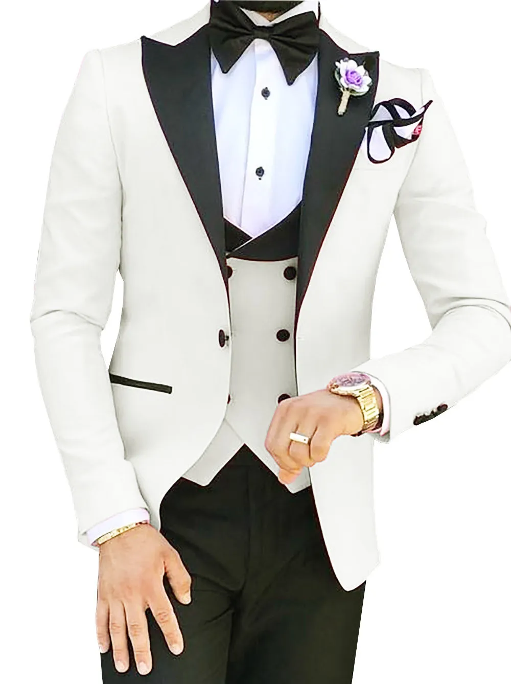 Knappe GroomsMen One Button Bruidegom Tuxedos Peak Revers Mannen Past Huwelijk / Prom / Diner Man Blazer (Jas + Broek + Tie + Vest) W591