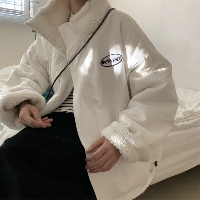 Les deux côtés portent une veste de velours d'agneau d'hiver femmes rétro style Hong Kong ins petite veste de coton courte manteau wom 210819