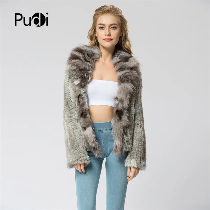 CR072 Knitted Real Rabbit Fur Coat Overcoat Jacket With Fox Fur Collar Russian Women's Winter Thick Warm Genuine Fur Coat 210816