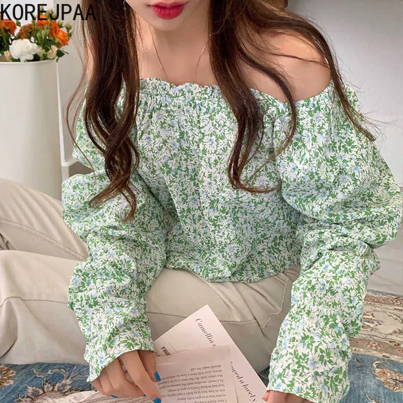 Korejpaa donna camicia estate estate coreano retrò elegante collo a una fila senza spalline senza spalline a schermo intero a schermo intero a soffietto a soffio a soffio a soffio 210526