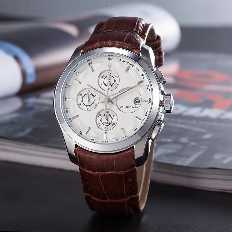 Hot Selling Brand Mens Watches Brown Leather Quartz Multifunction Fashion Casual Watch Montres